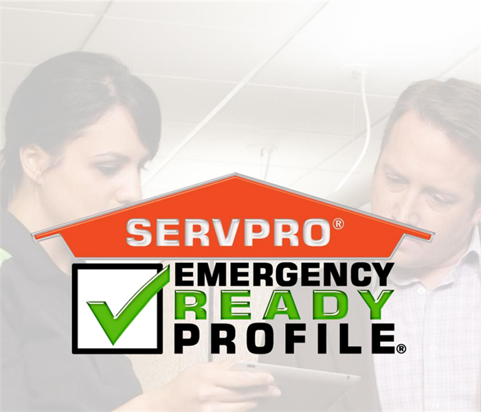 Faded photo of female SERVPRO employee looking at tablet with man in suit. Orange SERVPRO logo with "Emergency Ready Profile"