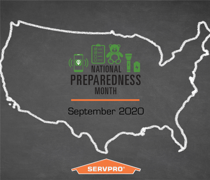 Gray background with white outline of the USA. National preparedness month logo in center with orange SERVPRO logo at bottom 
