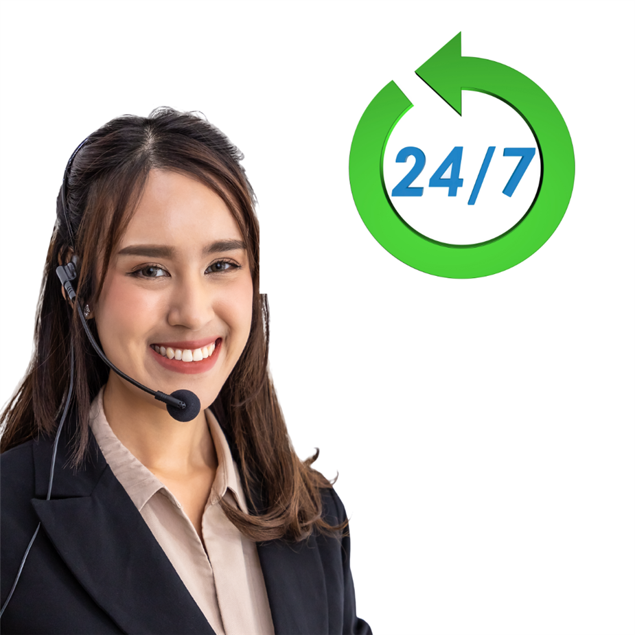smiling woman wearing headset 24 7 